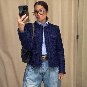 Supertrash Navy Tweed Cropped Jacket Fringe Metallic Size S (36)